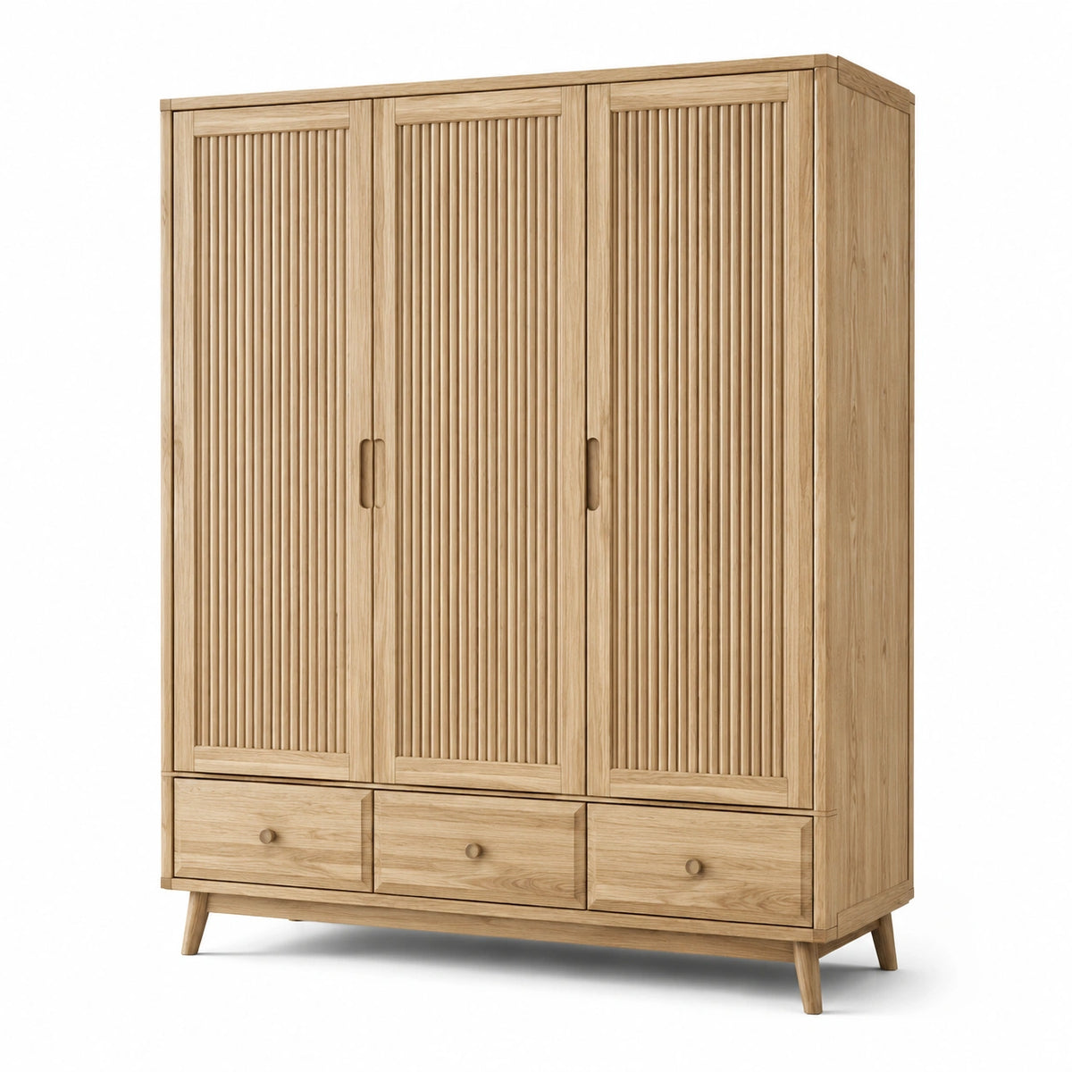 Armoire en bois de chêne avec portes rainurées et tiroirs