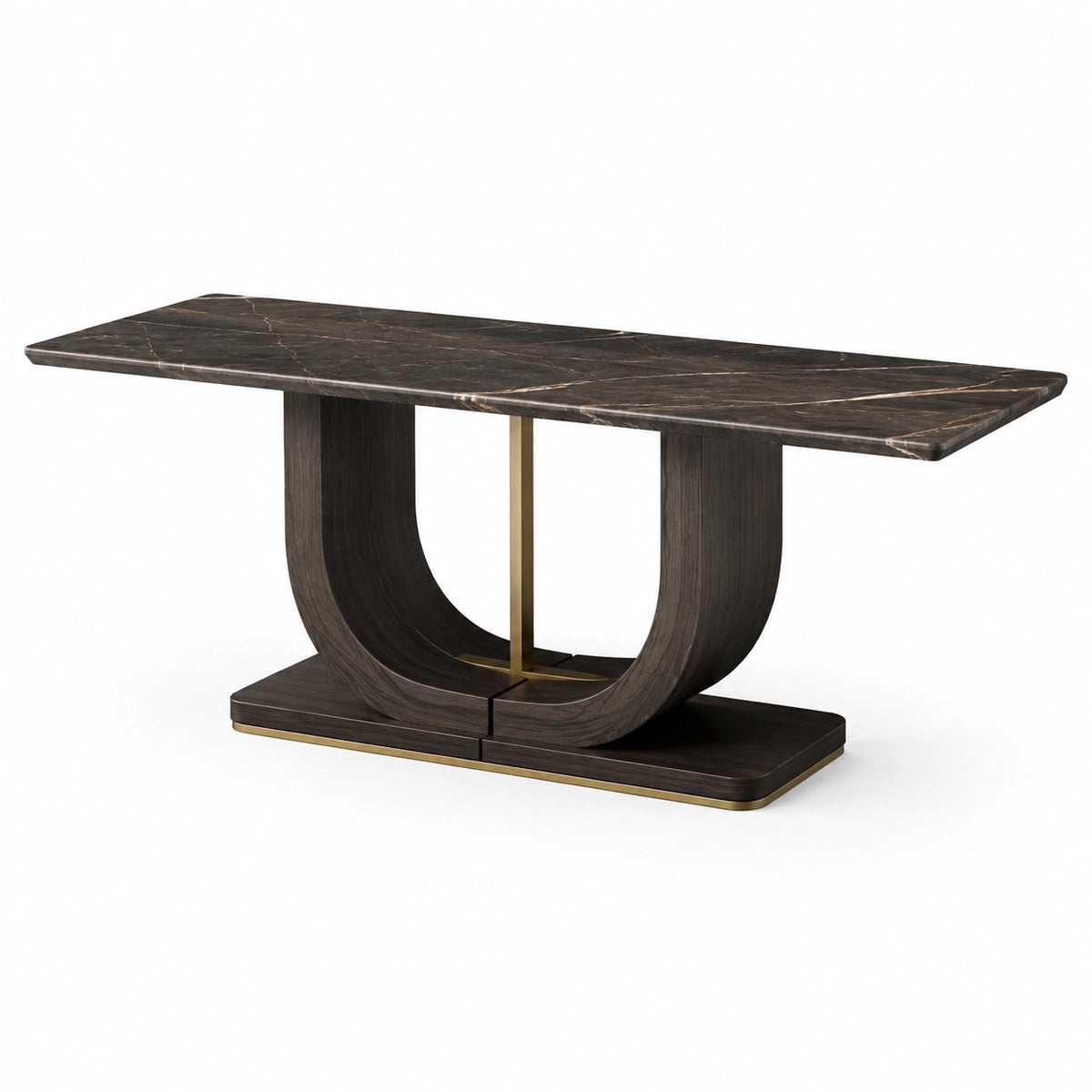 Table à manger marbre noir bois base métallique dorée 180x90x75 cm