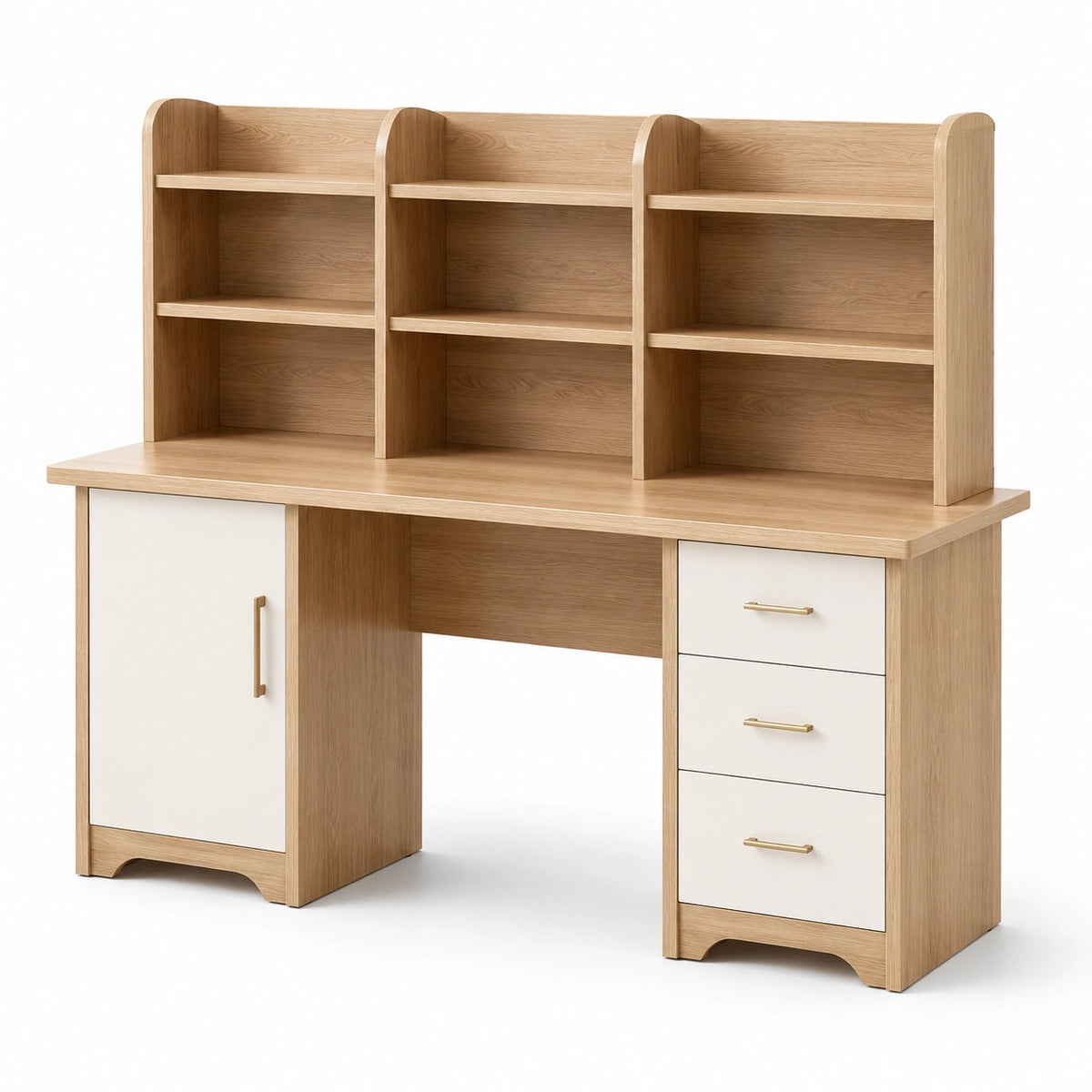 Bureau en bois MDF chêne clair avec tiroirs et étagères