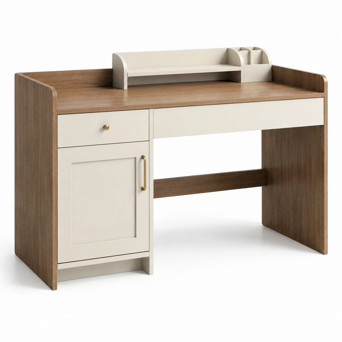 Bureau en bois et MDF avec tiroir et étagère beige et marron