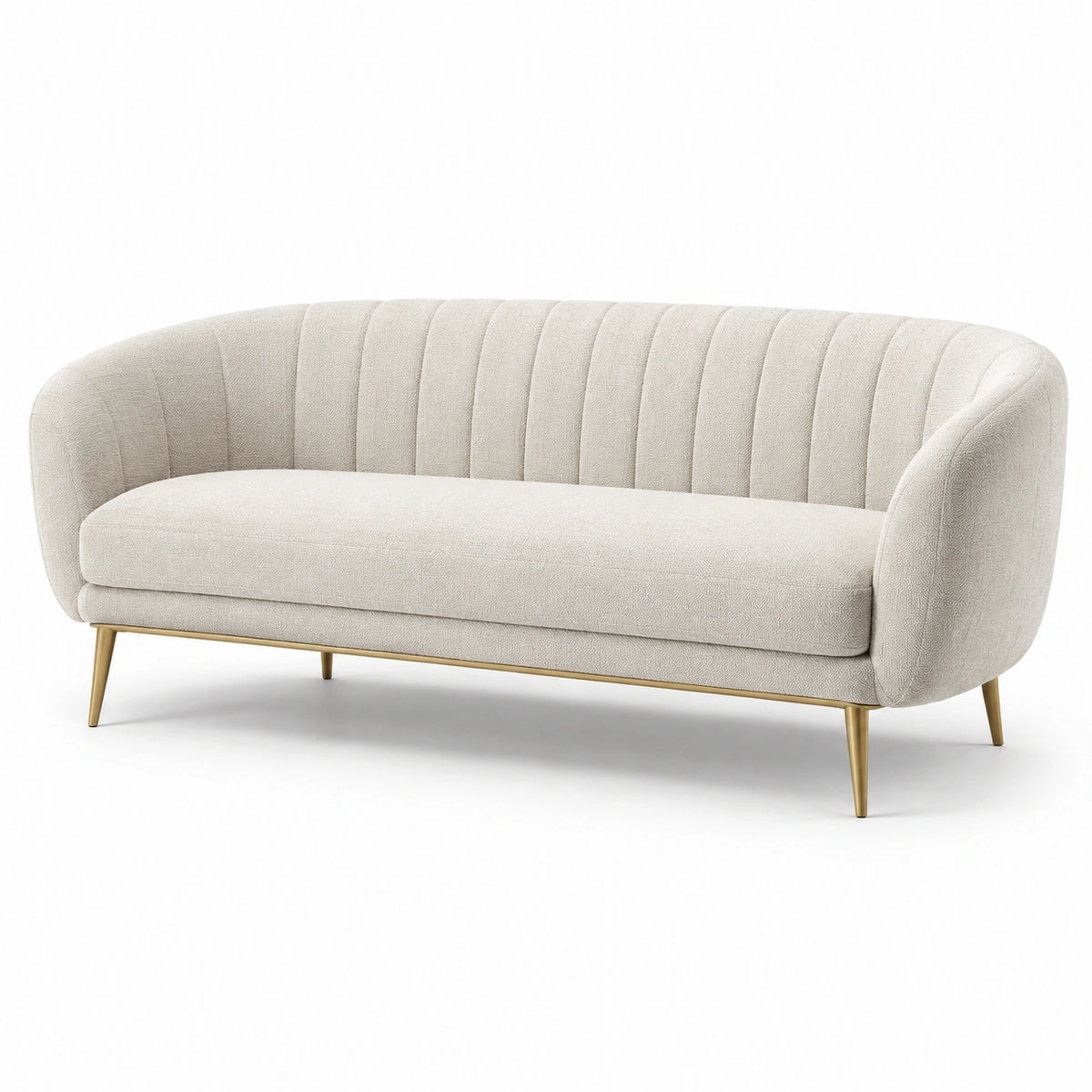 Canapé trois places en tissu beige avec pieds en métal