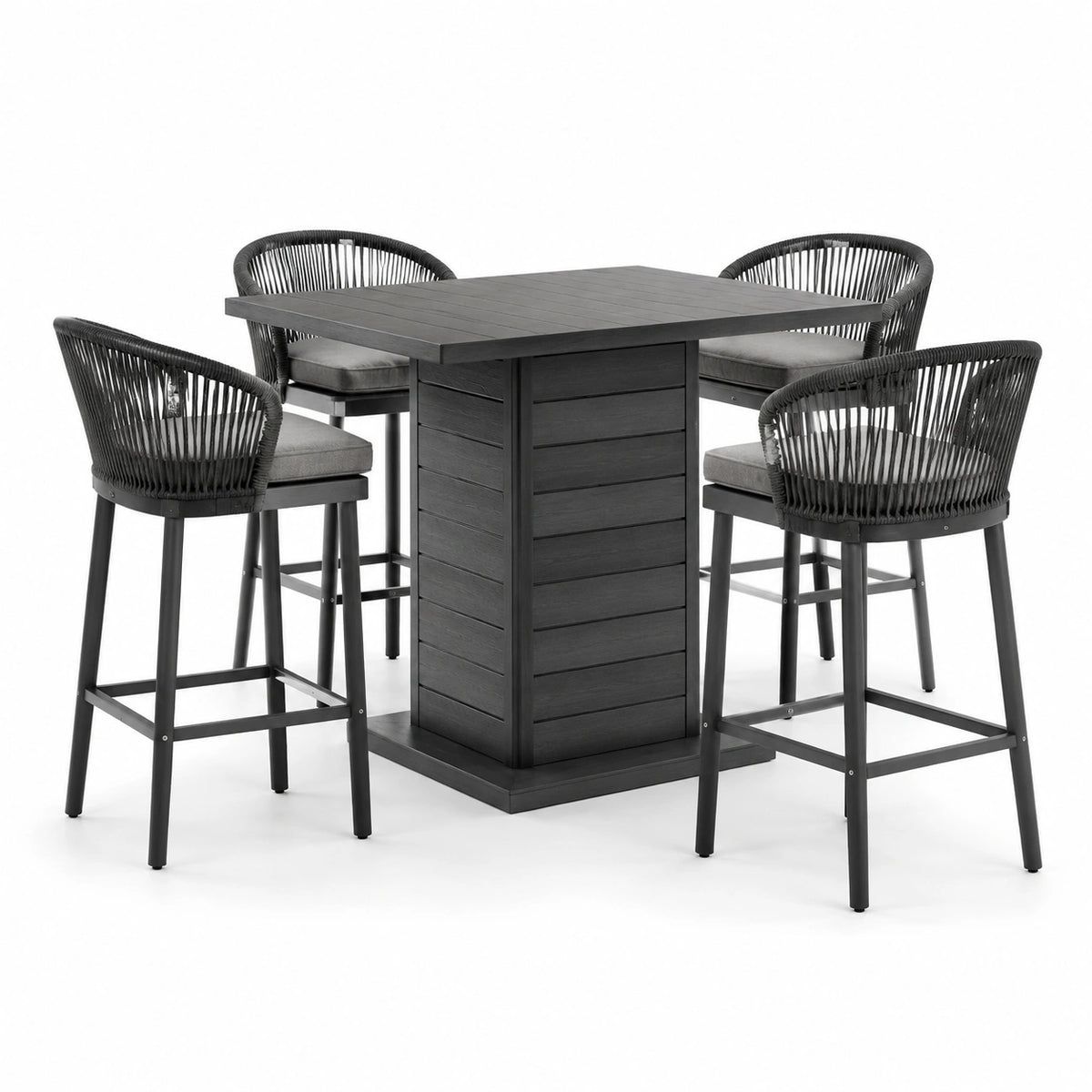 Ensemble table haute rectangle en aluminium noir et tabourets en corde