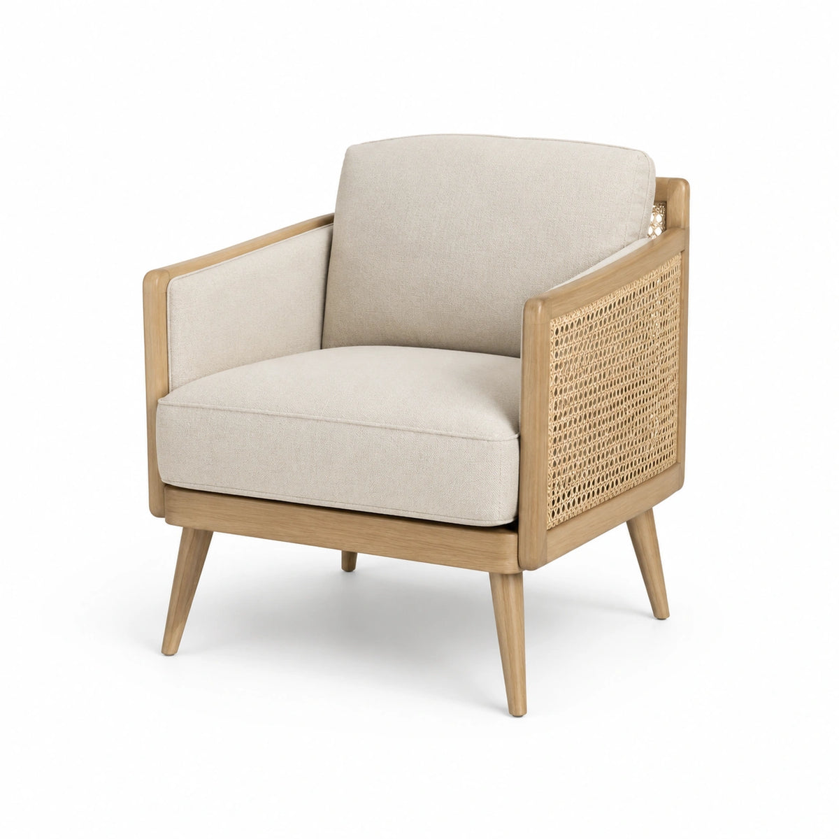 Fauteuil en bois et rotin avec coussins en lin beige