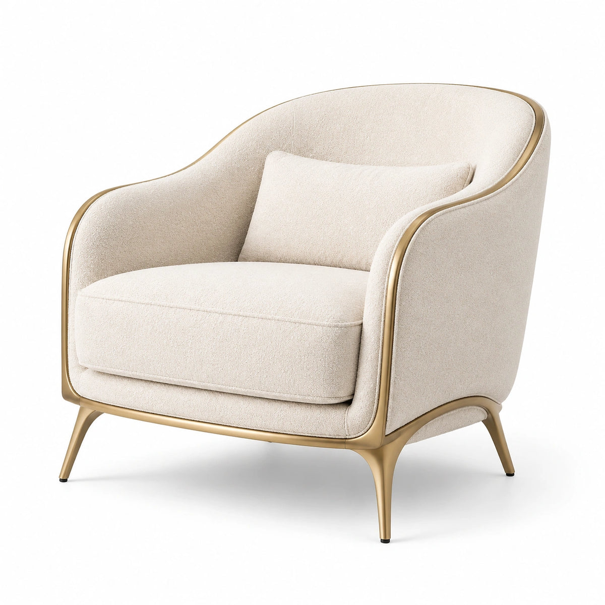 Fauteuil en tissu beige avec structure en métal doré
