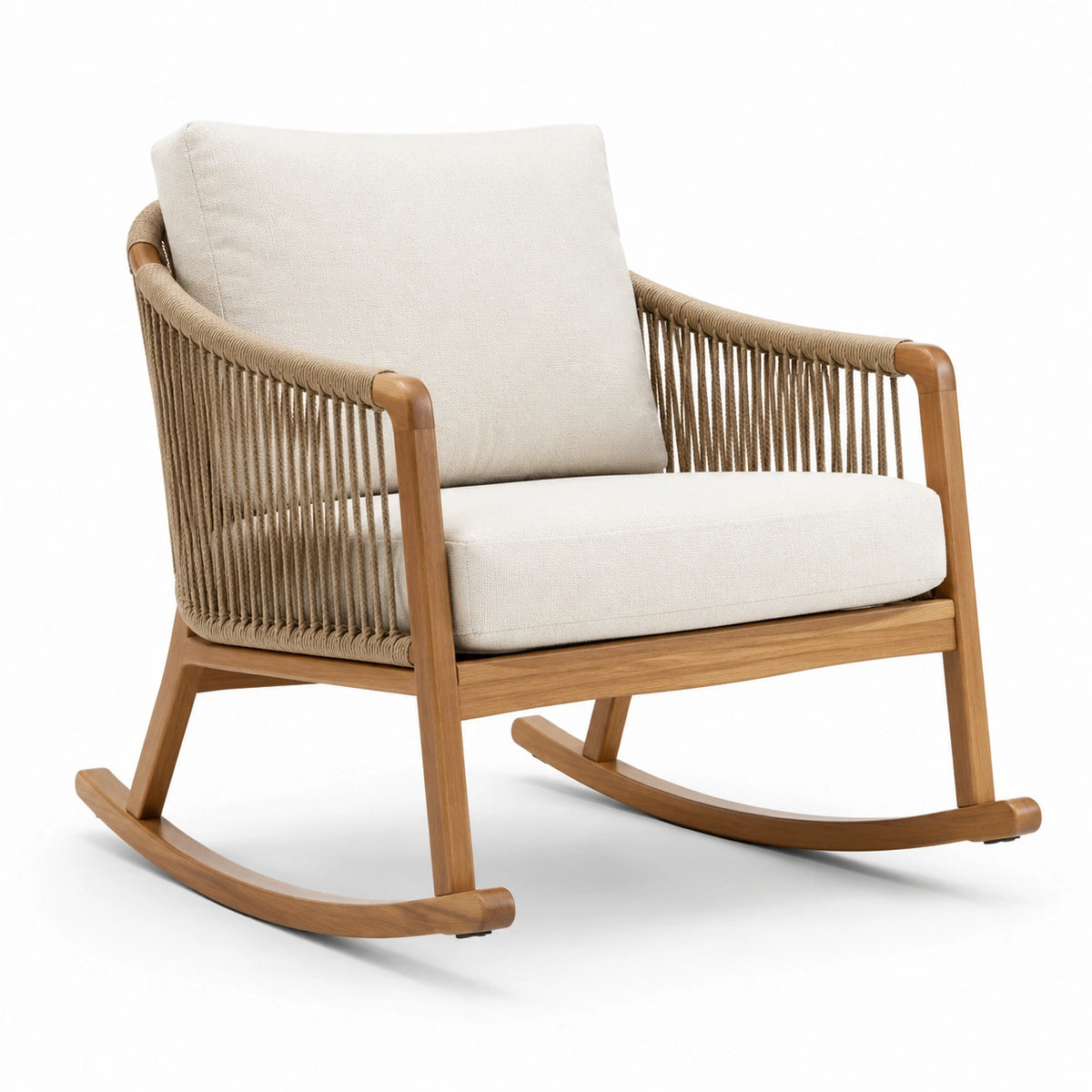 Fauteuil à bascule en bois de teck et corde synthétique beige