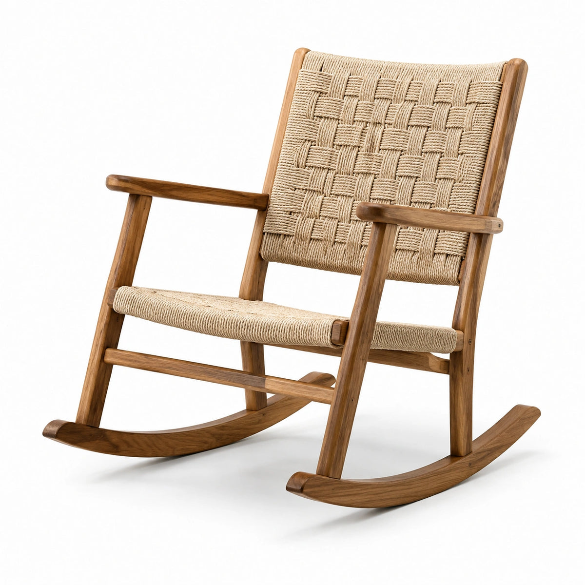Fauteuil à bascule en bois de noyer et corde tressée beige