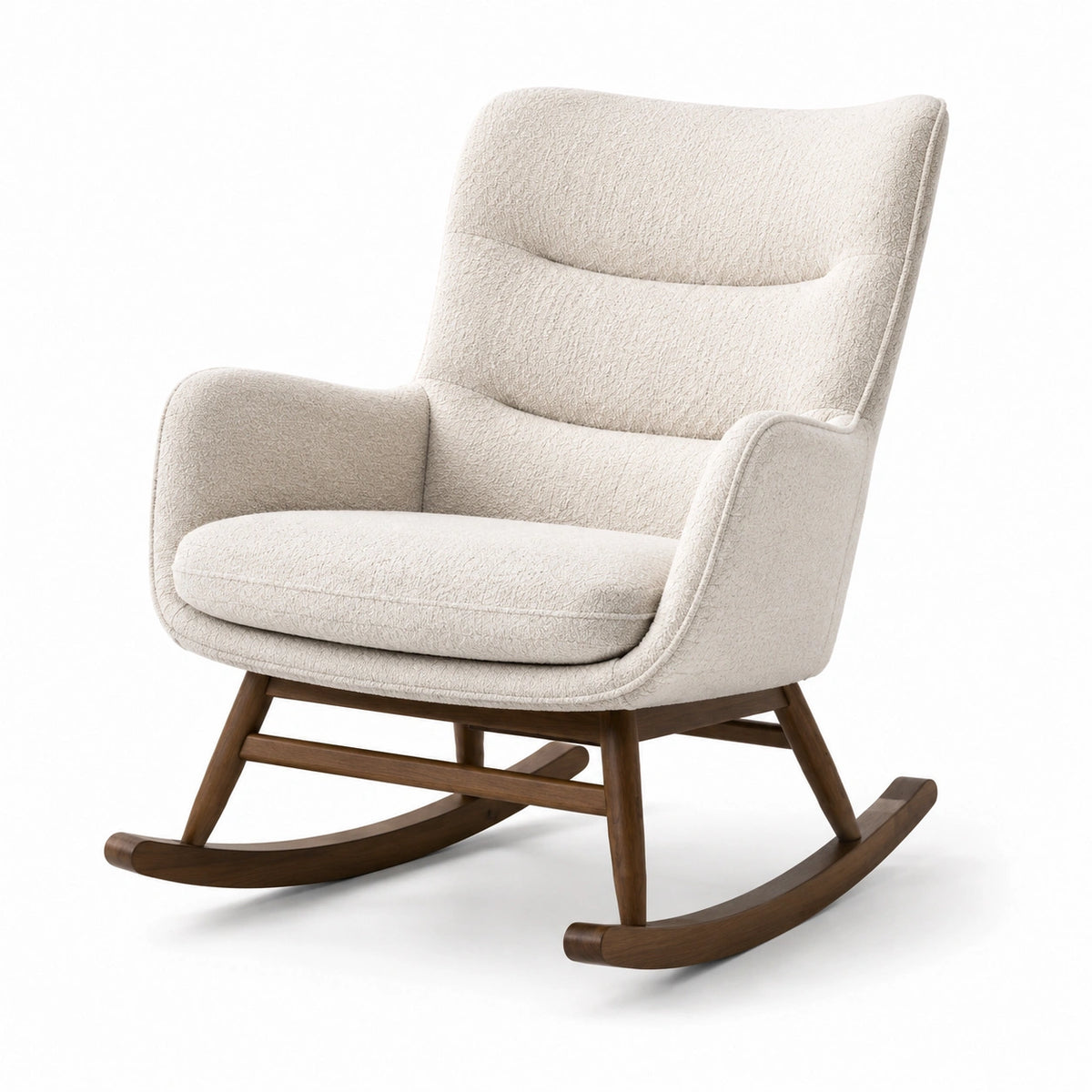 Fauteuil à bascule en tissu beige avec cadre en bois