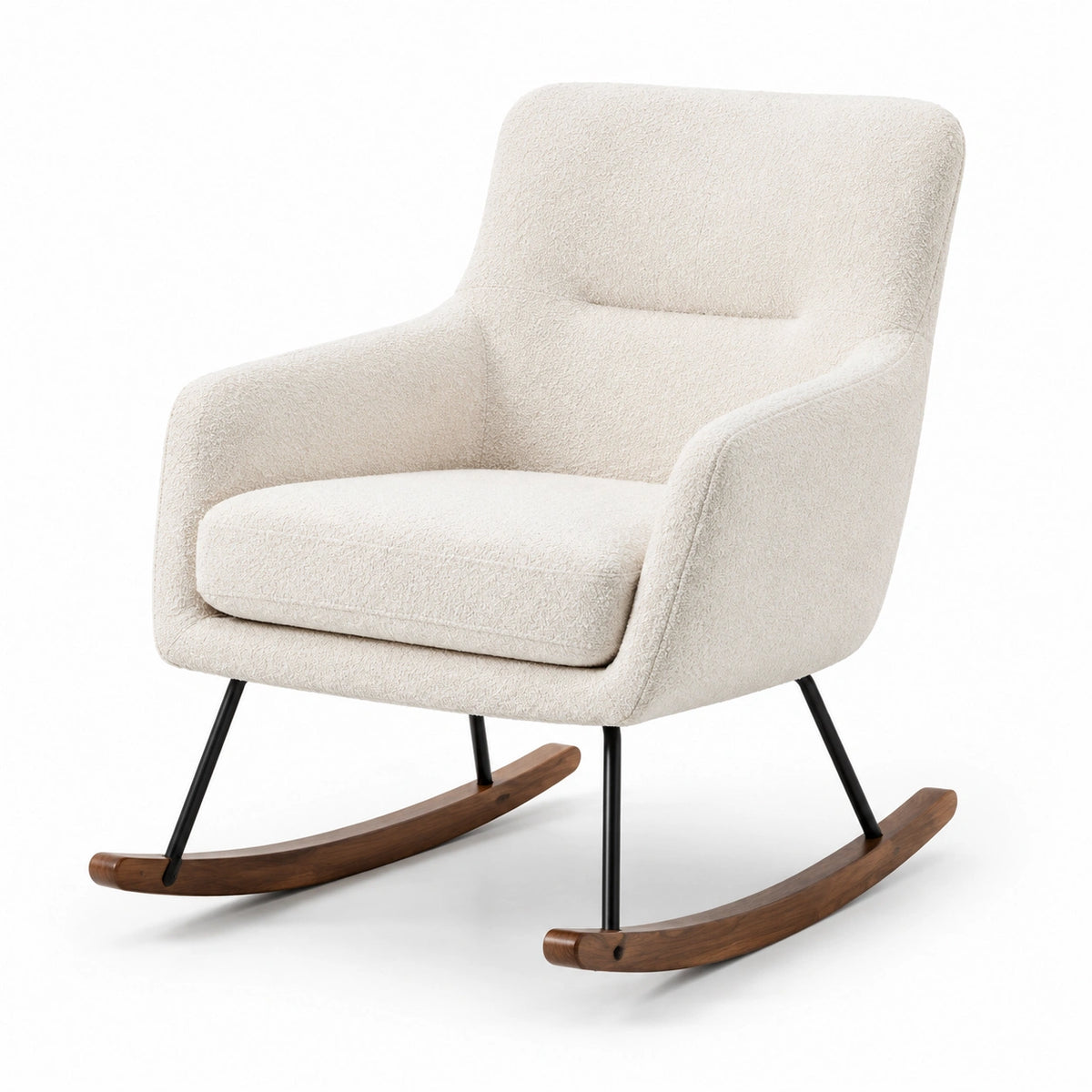 Fauteuil à bascule en bois et métal avec tissu bouclé beige