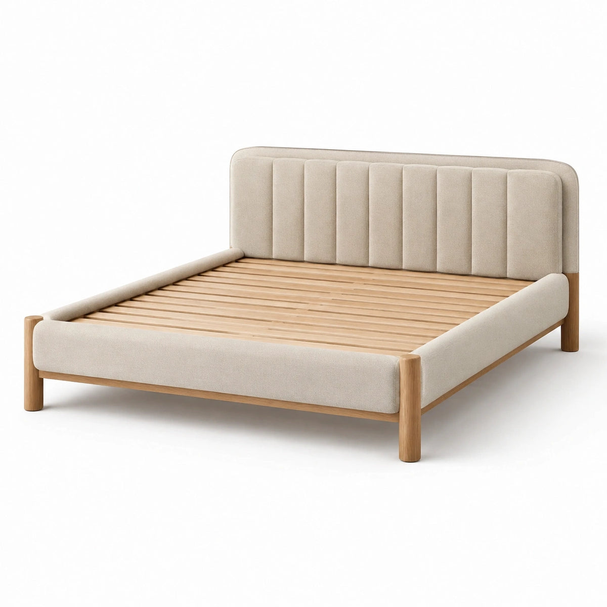 Lit double en bois de chêne et tissu polyester beige 210x160 cm