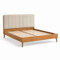 Lit double en bois avec tête de lit en tissu beige 200x160 cm